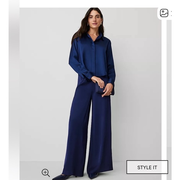 Ann Taylor Pants - Ann Taylor Navy tie front blouse SP and wide leg slacks 4petite - EUC like new